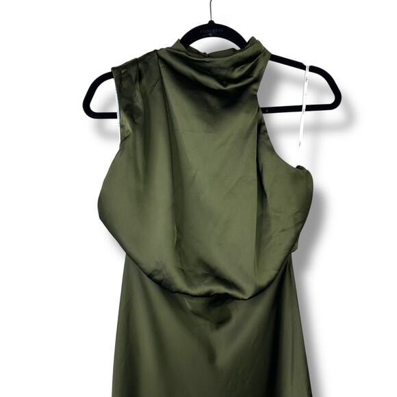 Lulus NWT Distinctive Charm Olive Green Satin Asymmetrical A-Line Maxi Dress - Picture 5 of 11